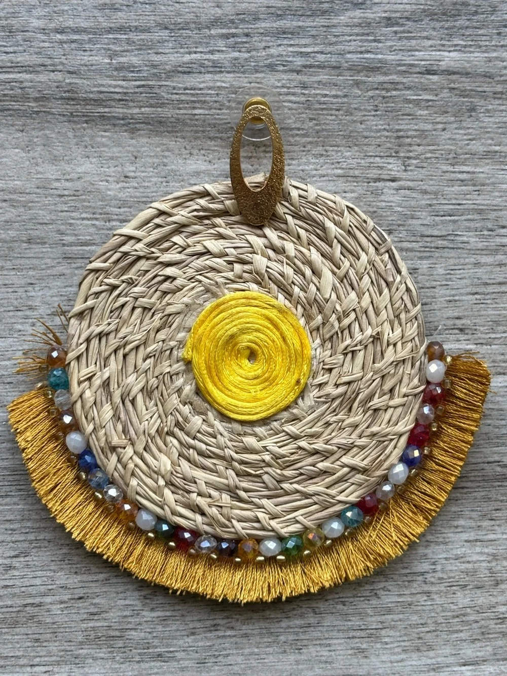 Colombian Handmade Boho Woven Raffia Fringe Earrings with Bead Accents- new